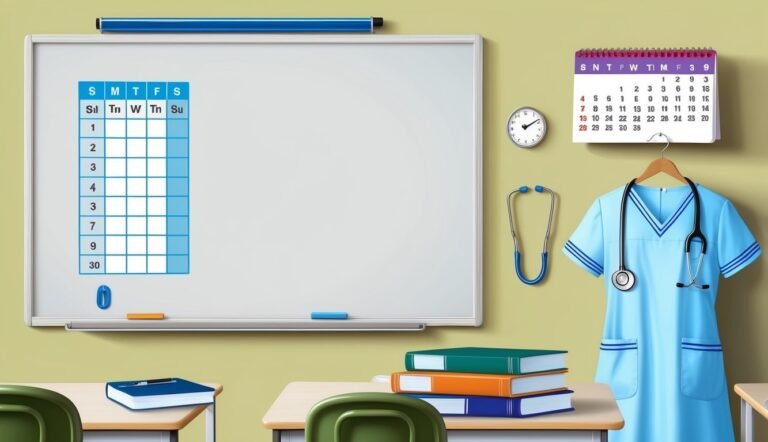 Whiteboard with calendar, scrubs, stethoscope, books, and clock on the wall