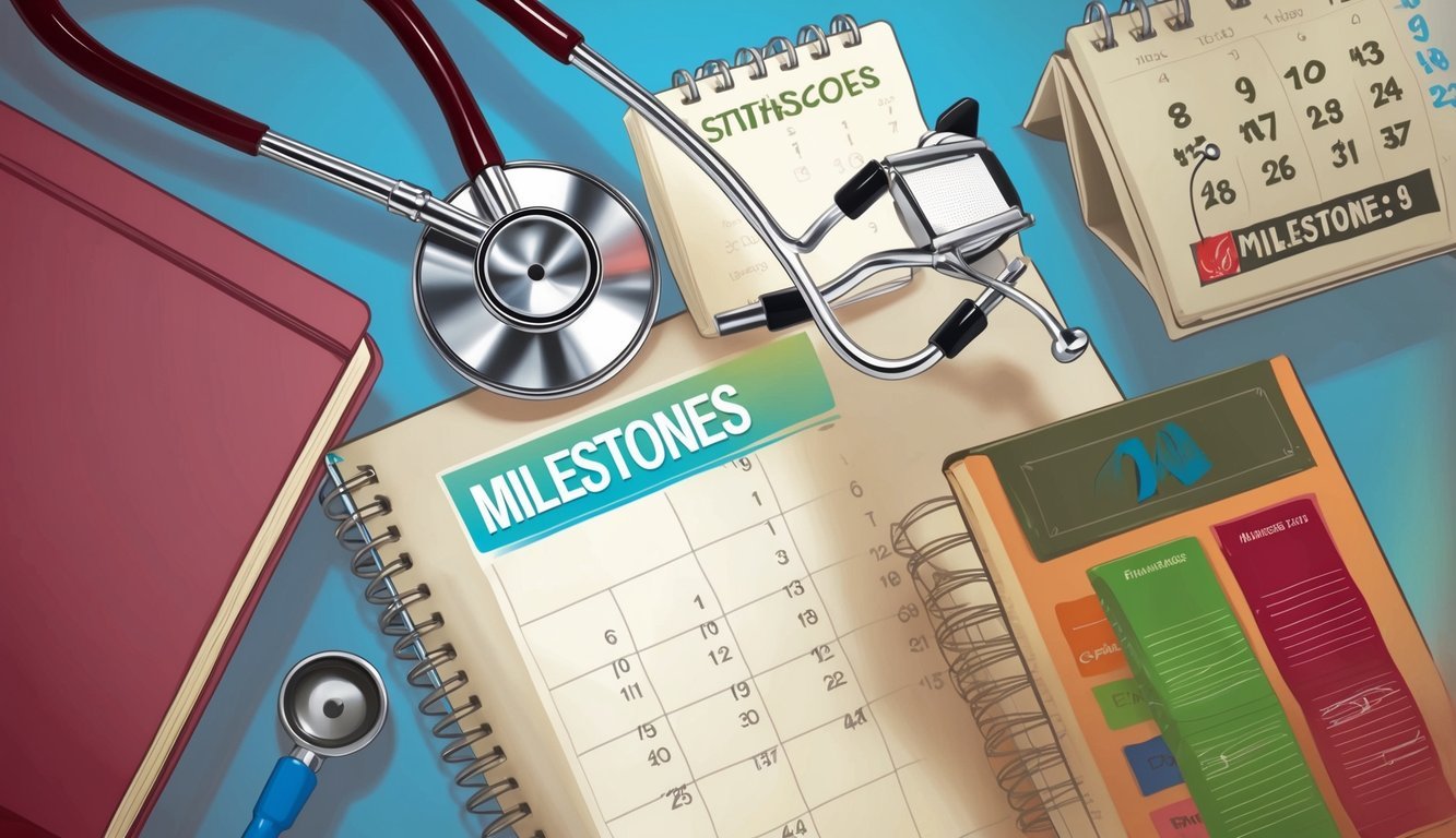 A stethoscope, textbooks, and a calendar marking milestones