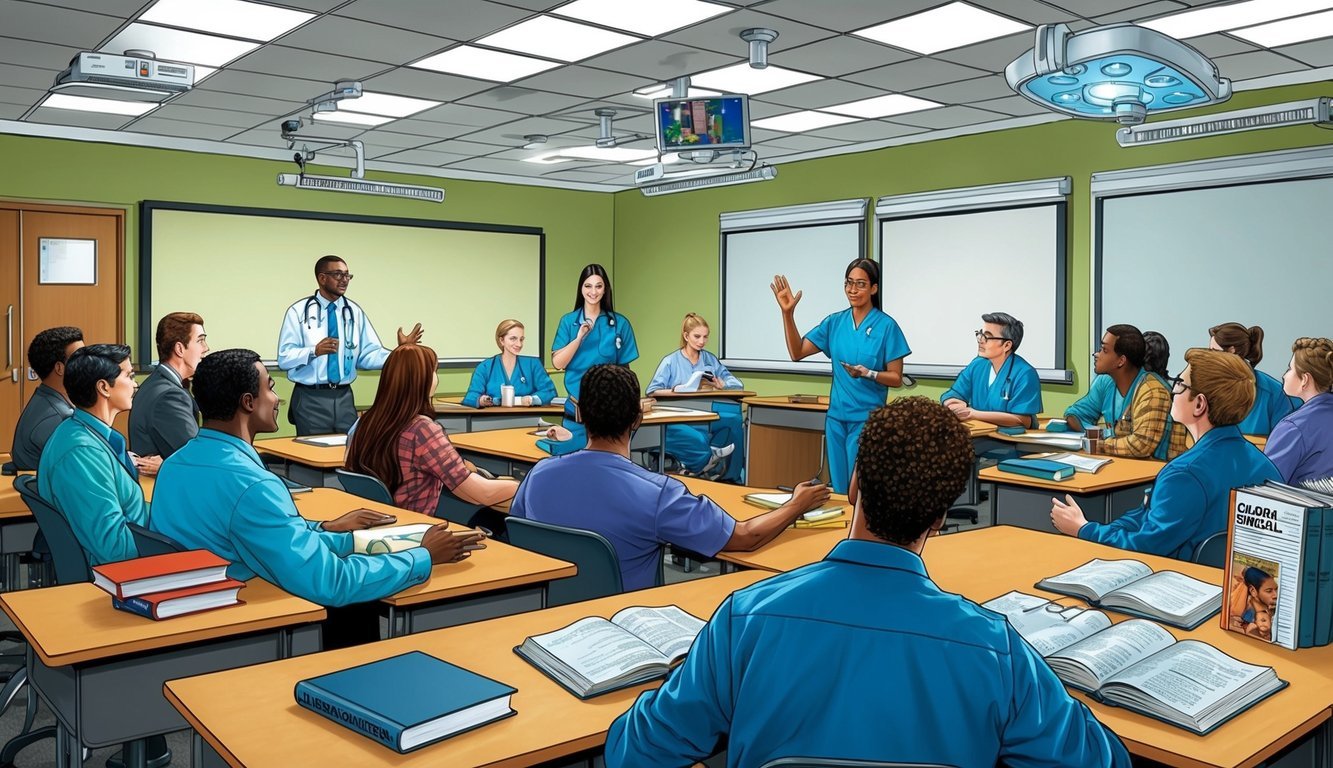 A classroom setting with students and instructors engaged in lectures, clinical simulations, and hands-on training.</p><p>Medical equipment and textbooks are visible