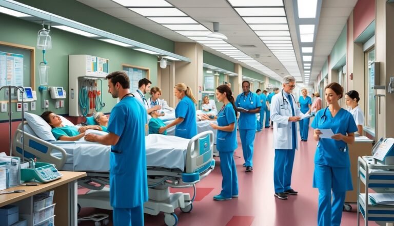 Hospital hallway with nurses and doctors attending to patients in beds