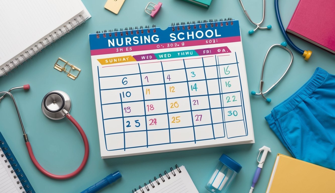 A calendar with key milestones marked, surrounded by nursing school-related objects like textbooks, stethoscope, and scrubs