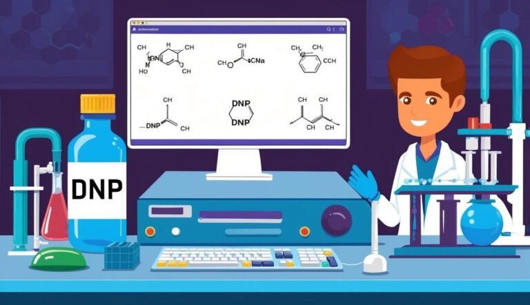 Scientist in lab with DNP bottle, computer screen with chemical structures
