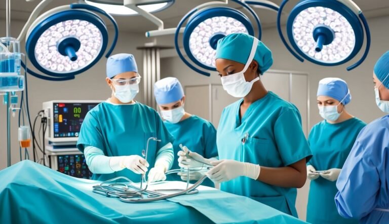 Medical team in surgical scrubs performing a procedure in an operating room