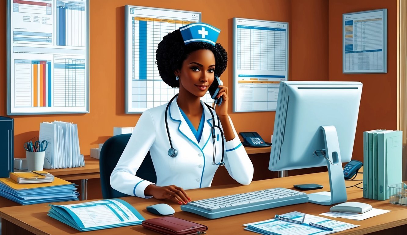 Nurse in uniform talking on phone at her desk with computer