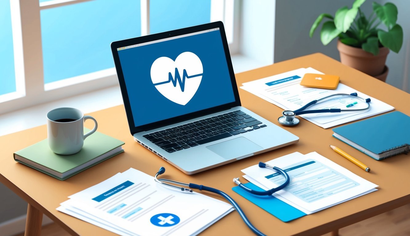 A laptop with a stethoscope and medical documents on a desk in a quiet home office
