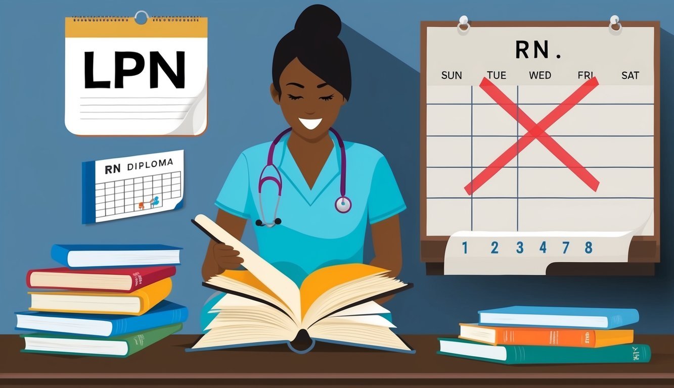 A LPN studying books, a RN diploma on the wall, a calendar with one year crossed out