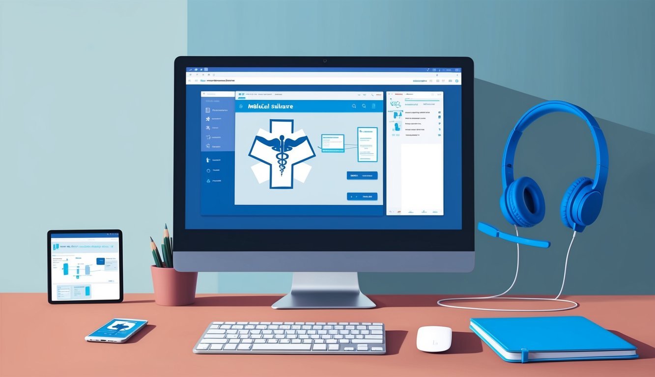 A computer screen displaying medical software, with a headset and keyboard nearby.</p><p>A phone and notebook sit on the desk