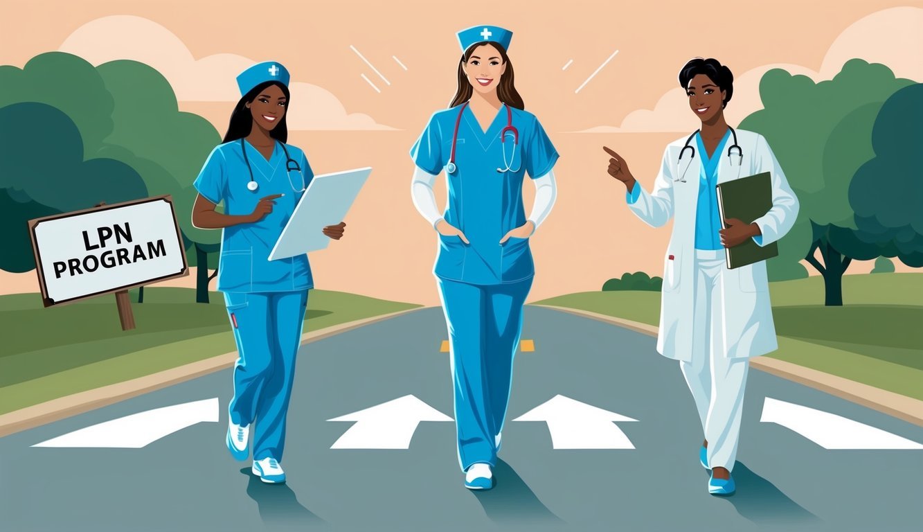 A nurse in scrubs stands at a crossroads, one path leading to a diploma for an LPN program and the other to a degree for an RN program