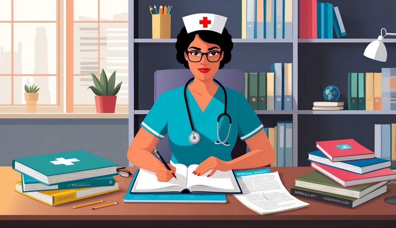 A nurse studying at a desk with textbooks, notes, and a laptop open