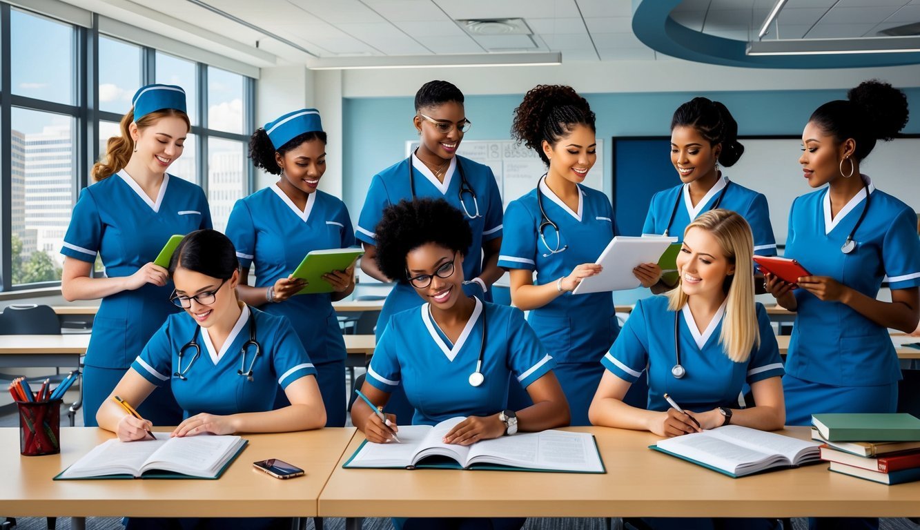 Group of nursing students in blue scrubs studying together at a table