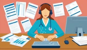 Medical professional with headset, typing at a desk surrounded by paperwork