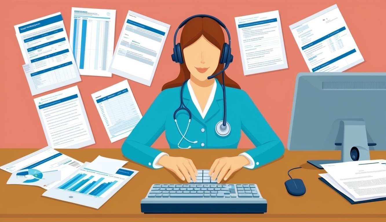 Medical professional with headset, typing at a desk surrounded by paperwork