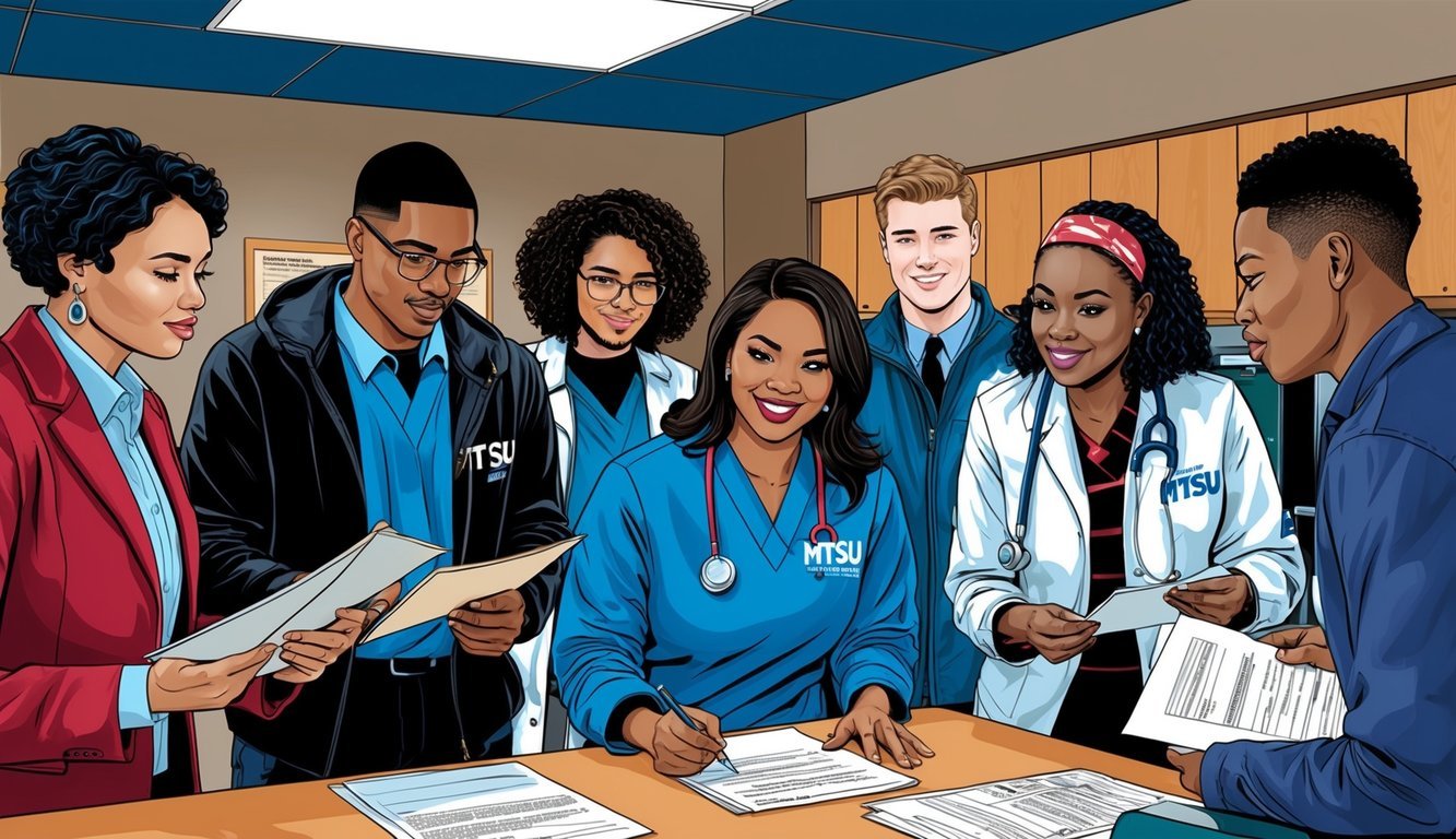 A group of students submitting paperwork and discussing requirements for the MTSU nursing program at the admissions office