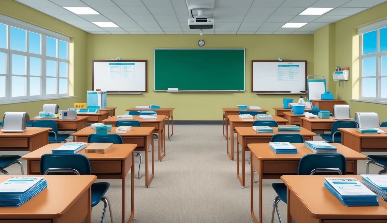 A classroom with nursing curriculum materials, whiteboards, and medical equipment arranged neatly on desks