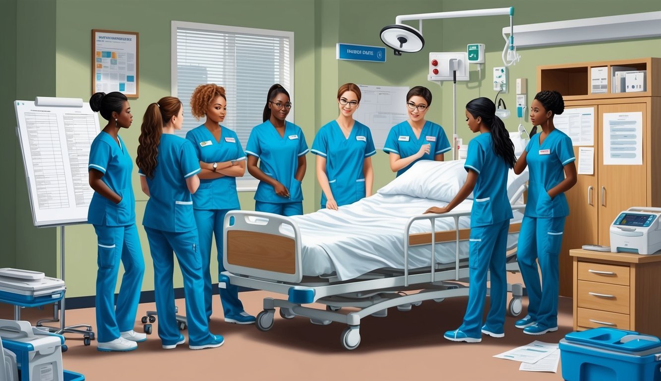A group of nursing students in scrubs gather around a hospital bed, discussing a patient's care plan.</p><p>Medical equipment and charts are scattered around the room