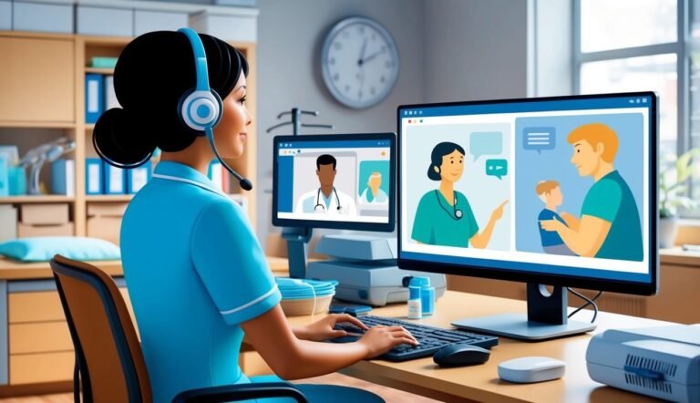 Woman in scrubs on a video call with doctors and patients