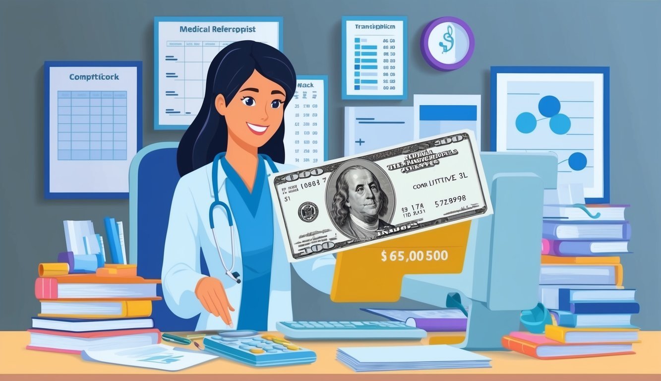 A medical transcriptionist working at a computer, surrounded by medical reference books and charts, with a focus on a paycheck displaying a competitive salary