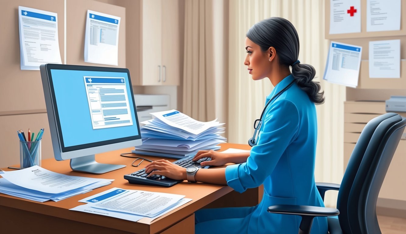 A medical transcriptionist at a desk, typing on a computer with papers and medical documents scattered around