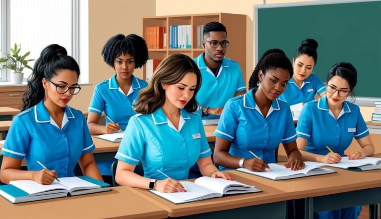 Students in blue scrubs writing in notebooks at desks in a classroom