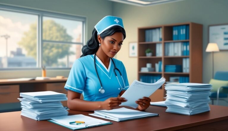 A nurse in blue scrubs reviews paperwork at a desk in an office