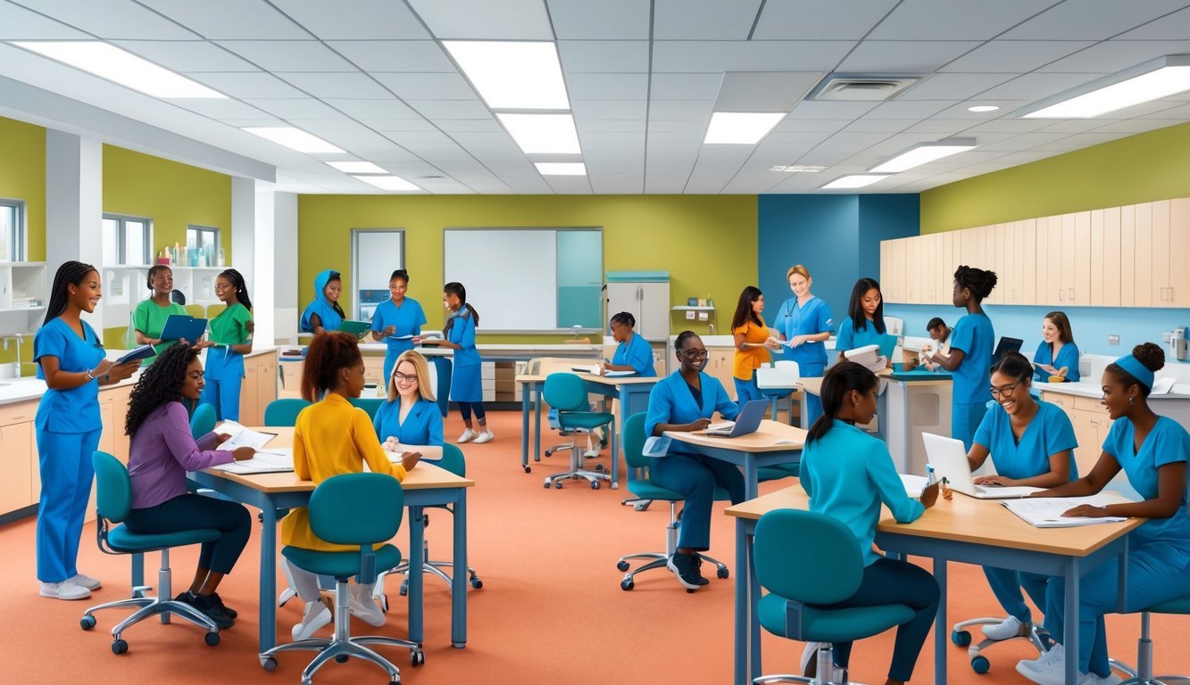 A bustling campus with diverse students studying and collaborating in modern classrooms and clinical labs at a non-profit nursing school