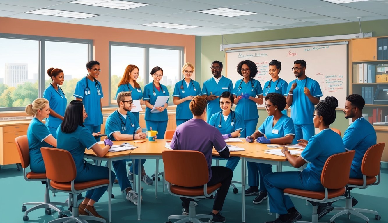 A group of students and instructors gather in a classroom at a non-profit nursing school, engaged in hands-on learning and discussion