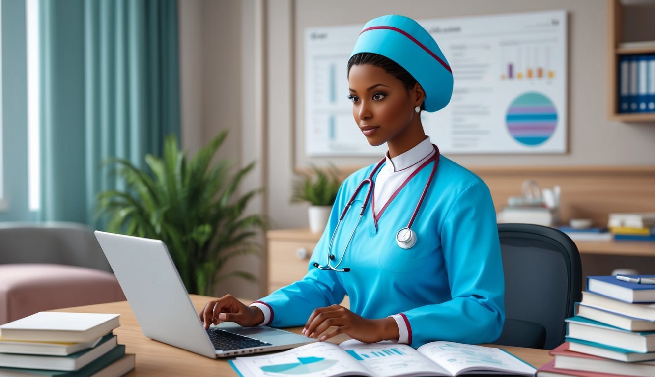 A nurse analyzing patient data and consulting medical resources for diagnosis