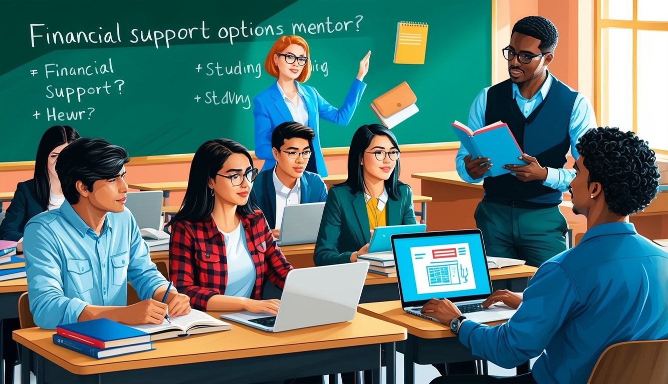 A group of students studying in a classroom with textbooks and laptops, while a mentor discusses financial support options with them