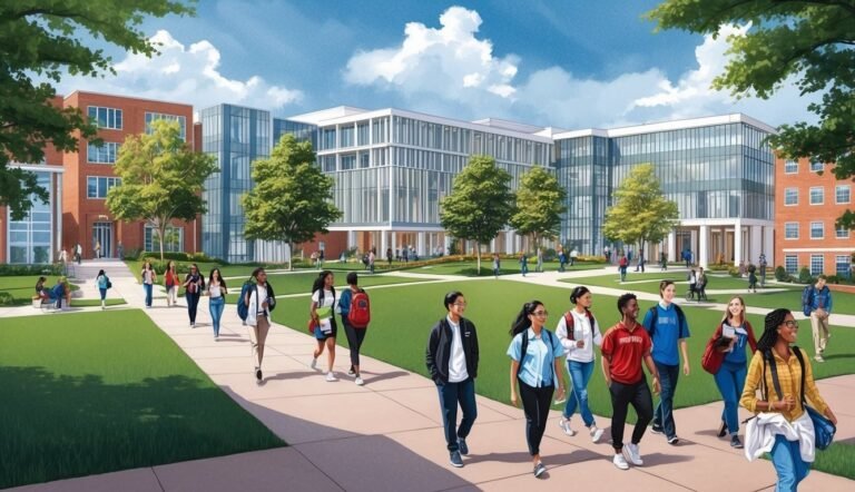 Students walking on a college campus pathway with modern and brick buildings