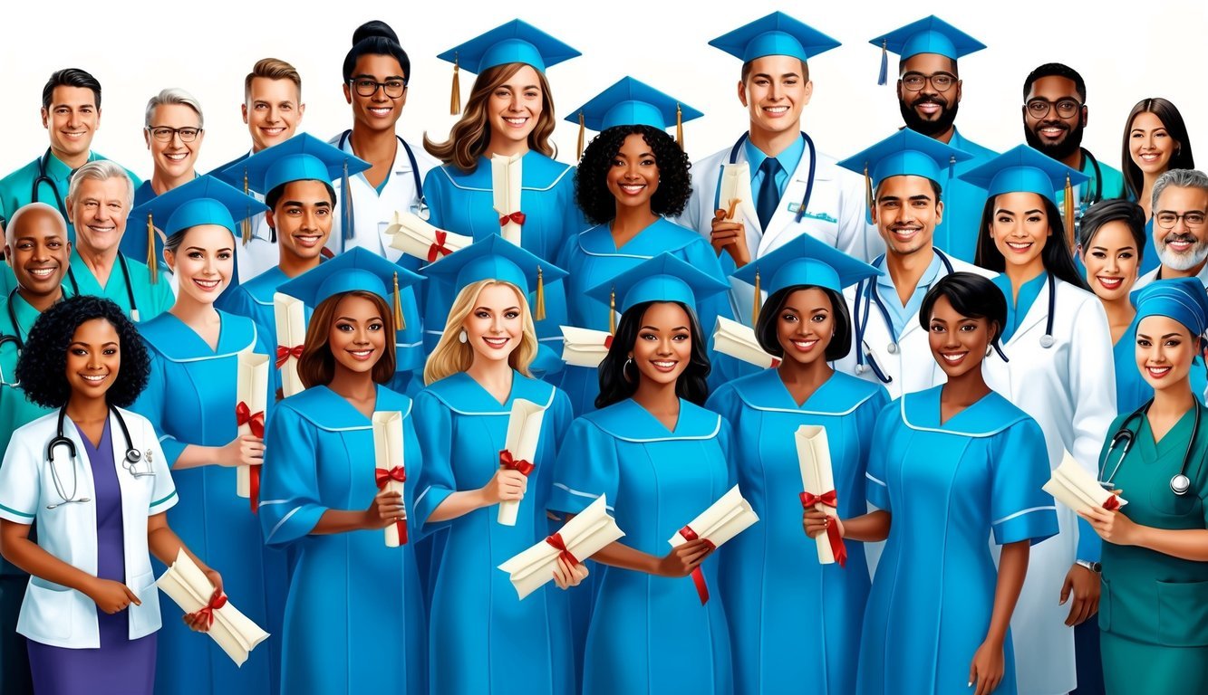 A group of nurses in graduation gowns celebrating with diplomas, surrounded by a diverse community of healthcare professionals