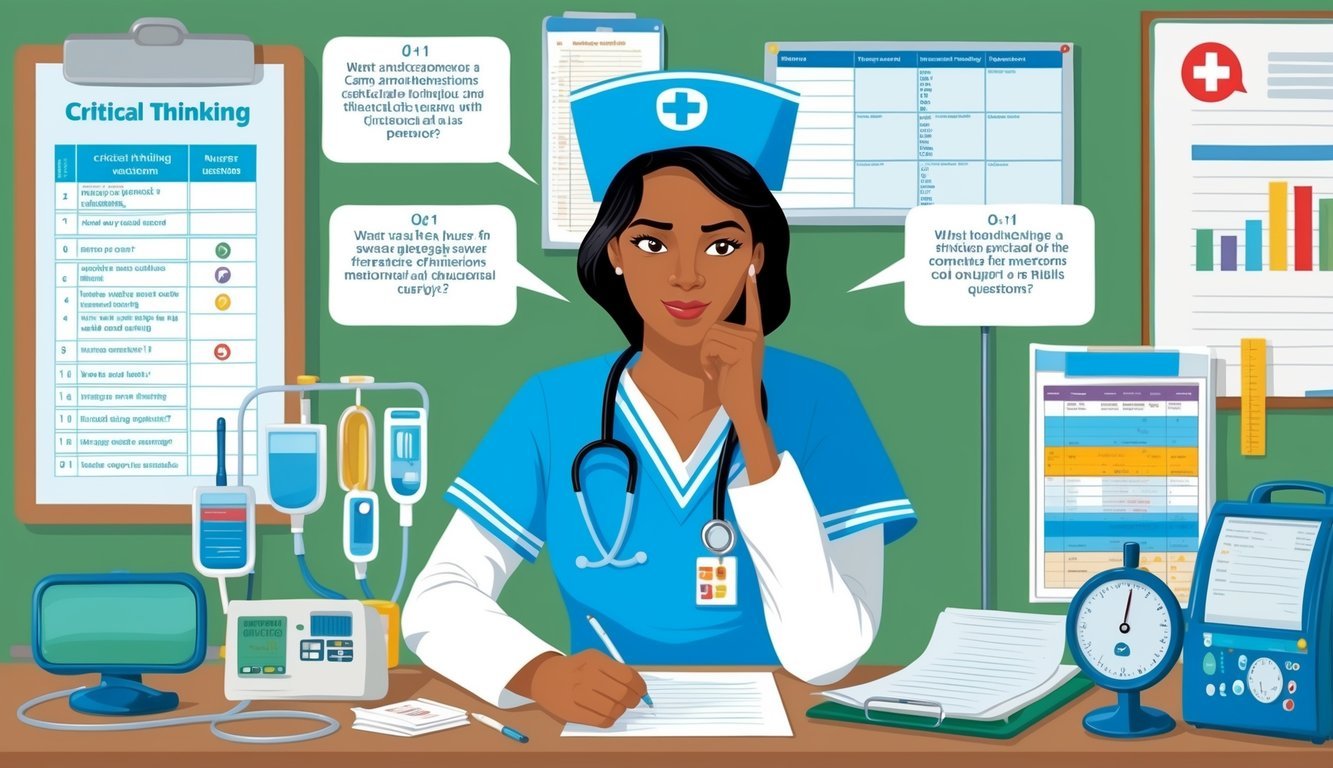 A nurse pondering over a list of critical thinking questions, surrounded by medical equipment and charts