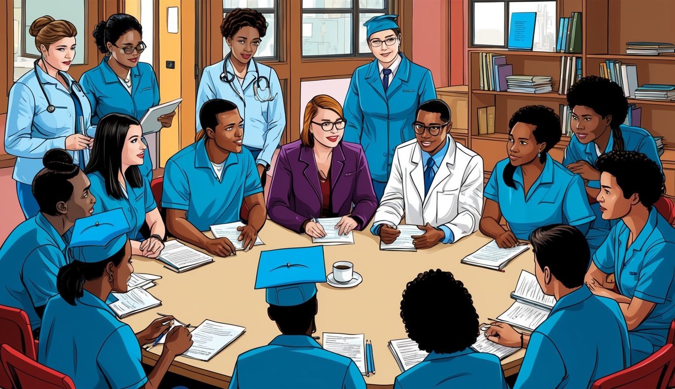 A group of students and instructors gather around a table, discussing and answering questions about non profit nursing schools