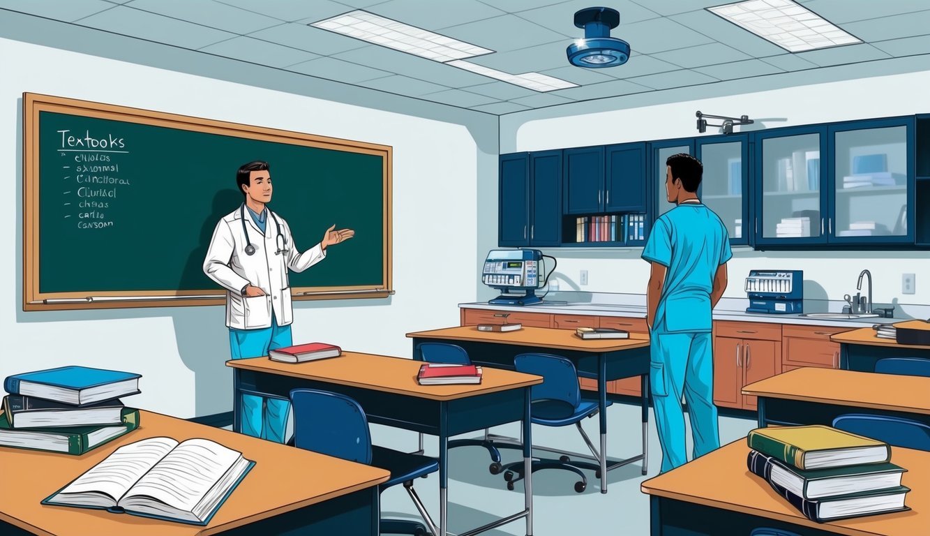 A classroom with medical equipment, textbooks, and a whiteboard.</p><p>A student in scrubs observes a clinical setting
