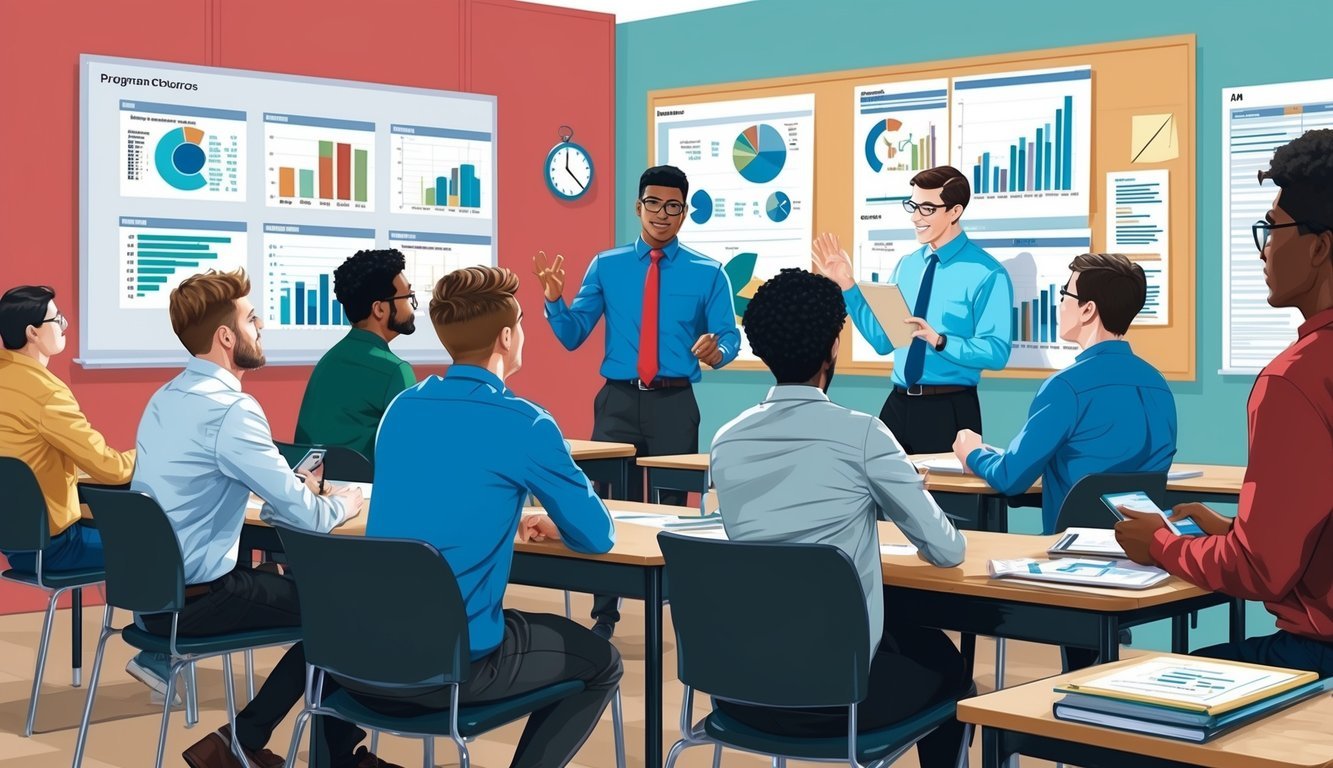 A group of students and instructors review data charts and graphs, discussing program outcomes in a classroom setting