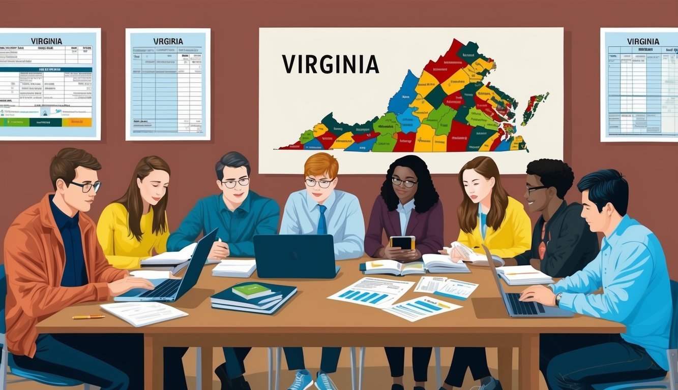 A group of students studying at a table with textbooks, laptops, and financial documents, while a map of Virginia is displayed on the wall