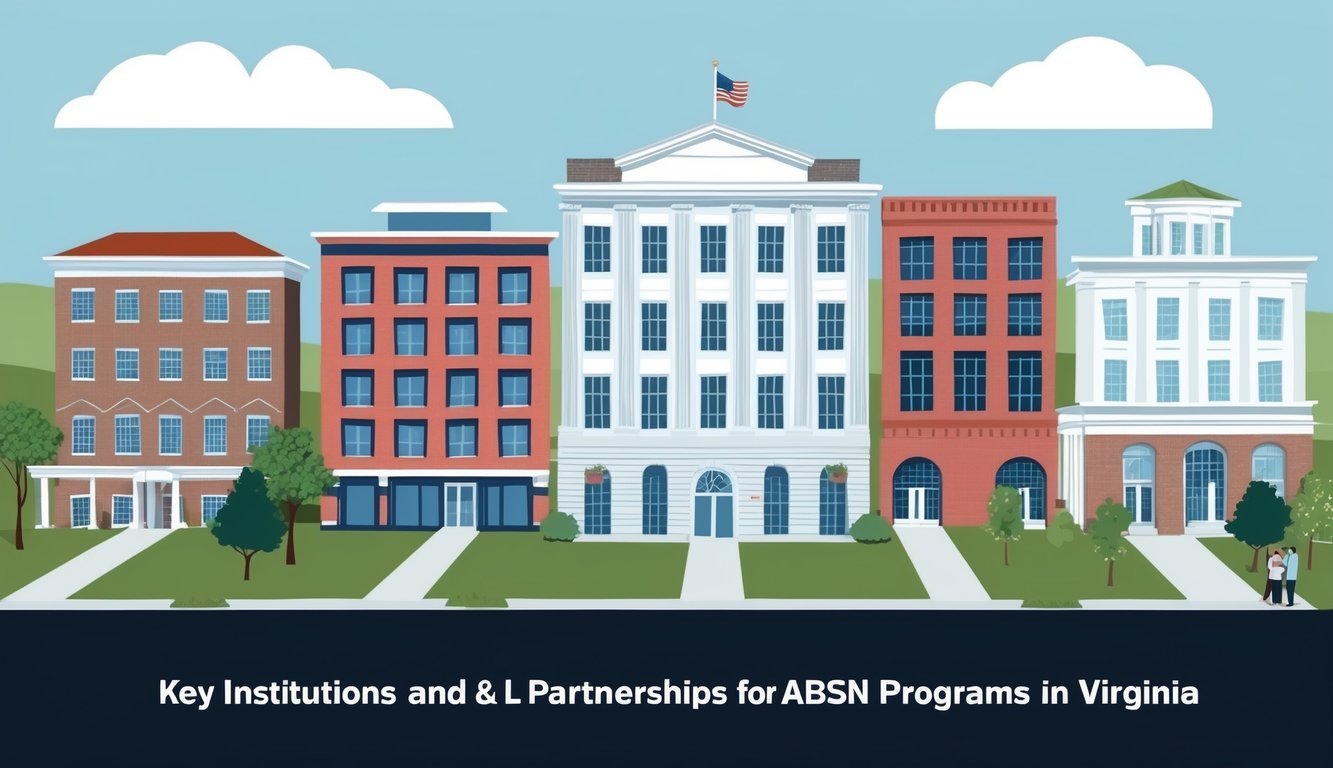 A group of buildings representing key institutions and partnerships for ABSN programs in Virginia