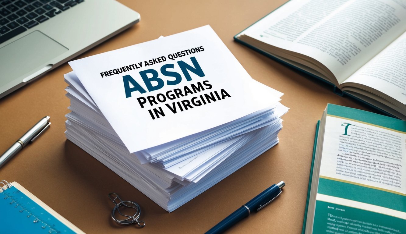 A stack of paper with "Frequently Asked Questions ABSN Programs in Virginia" printed on top, surrounded by a laptop, pen, and open textbooks
