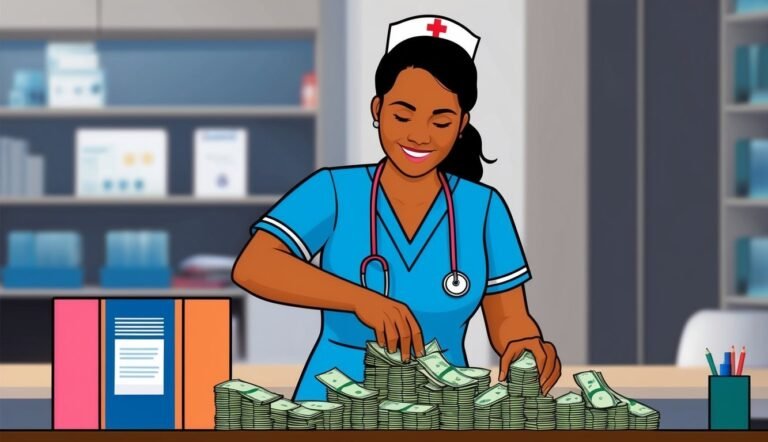 Nurse counting stacks of money on a desk in a medical office