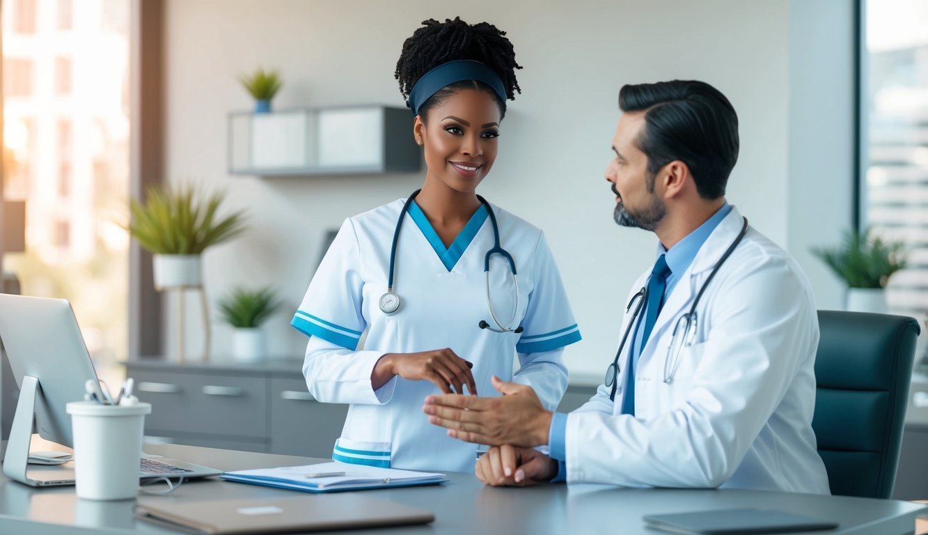 Two doctors in scrubs and lab coats talking in an office
