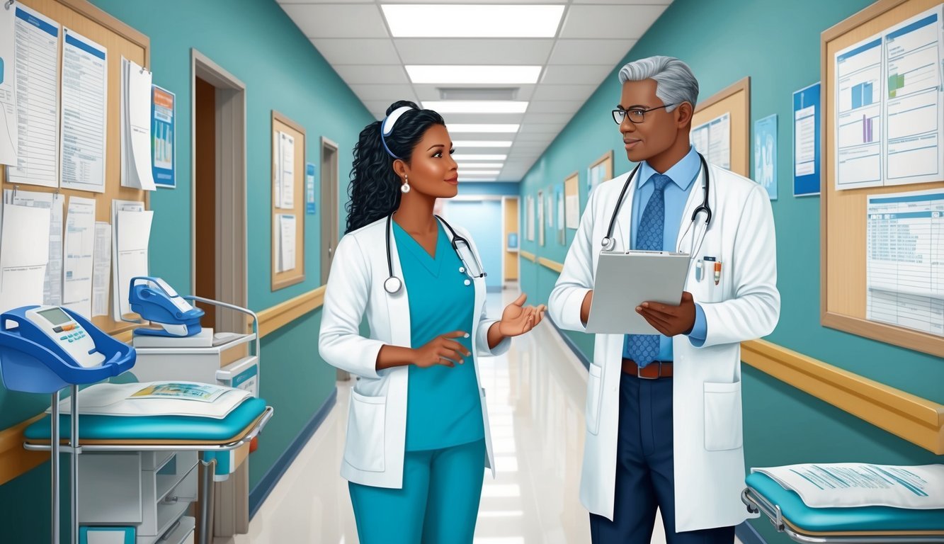 A nurse practitioner and doctor discuss patient care in a hospital hallway, surrounded by medical charts and equipment