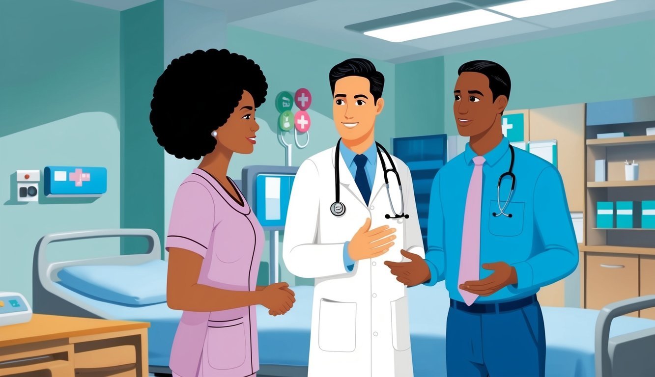 A nurse practitioner and a doctor discussing patient outcomes and care quality in a hospital setting