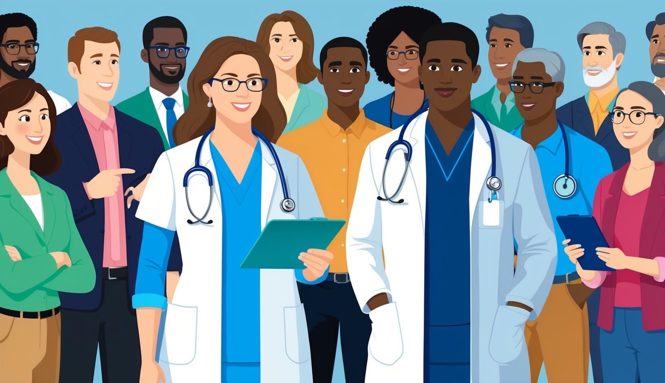 A nurse practitioner and doctor stand side by side, each with a stethoscope around their neck, fielding questions from a diverse group of people
