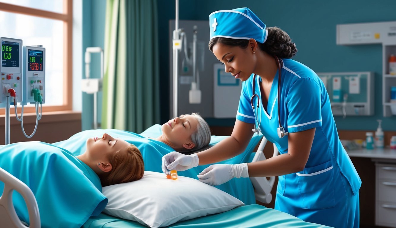 Nurse giving medication to patients in a hospital room