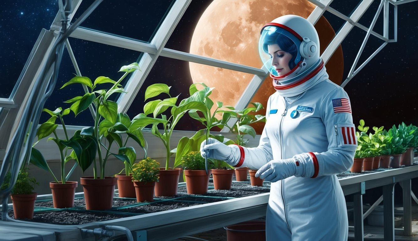A nurse in a space suit tends to plants in a lunar greenhouse