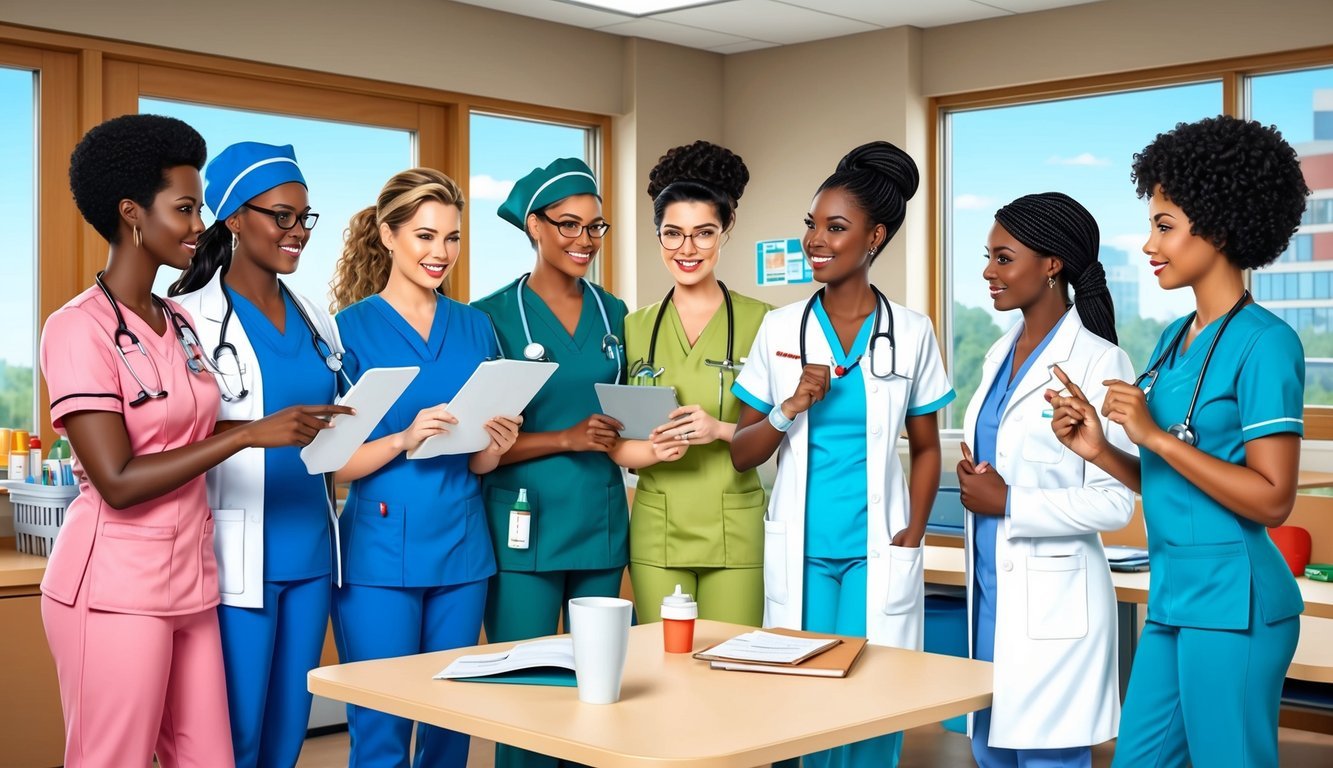 A group of diverse nurses in various specialties discussing and sharing information in a hospital break room