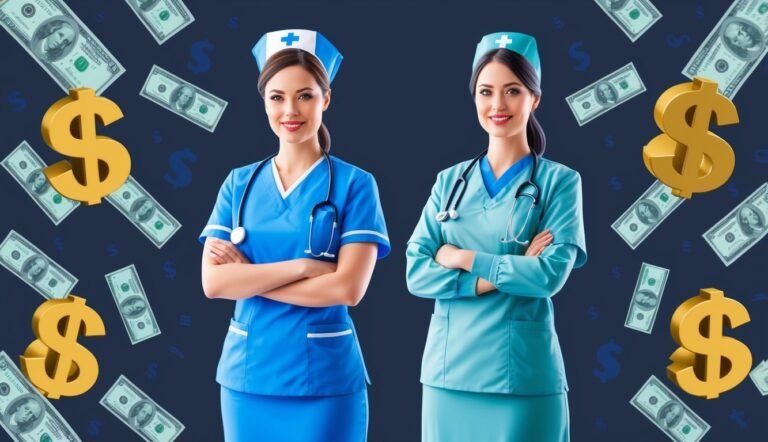 Two nurses in scrubs with dollar signs and money in the background