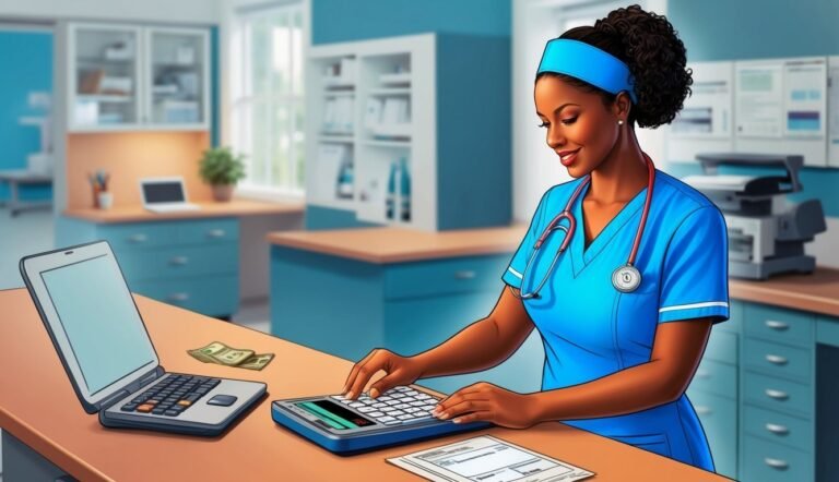Nurse in blue scrubs using a calculator in a medical office