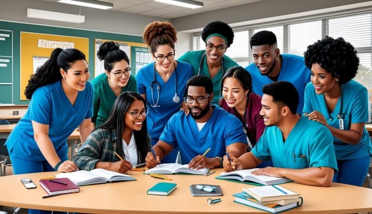 Group of nursing students studying together around a table in a classroom