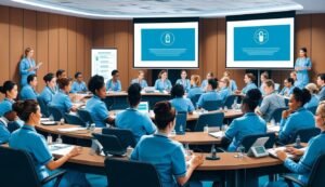 Nurses in blue scrubs attending a conference with projected medical icons