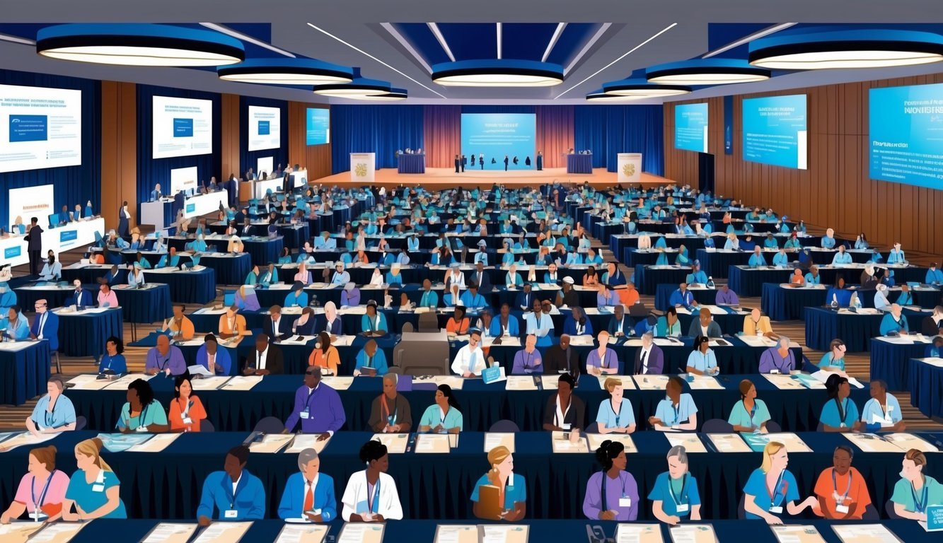 A bustling conference hall filled with nurses networking and attending presentations.</p><p>Display booths line the walls, and a stage is set up for keynote speakers